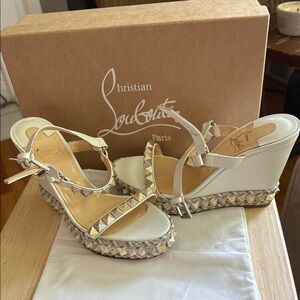 Christian Louboutin White Wedge Espadrilles with Studded Straps.